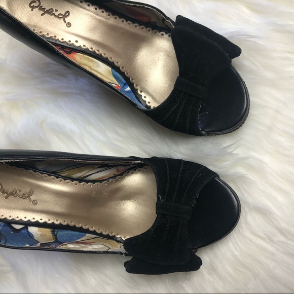Qupid Suede Bow Peep Toe Wedge Heels Cute Black - Picture 4 of 6